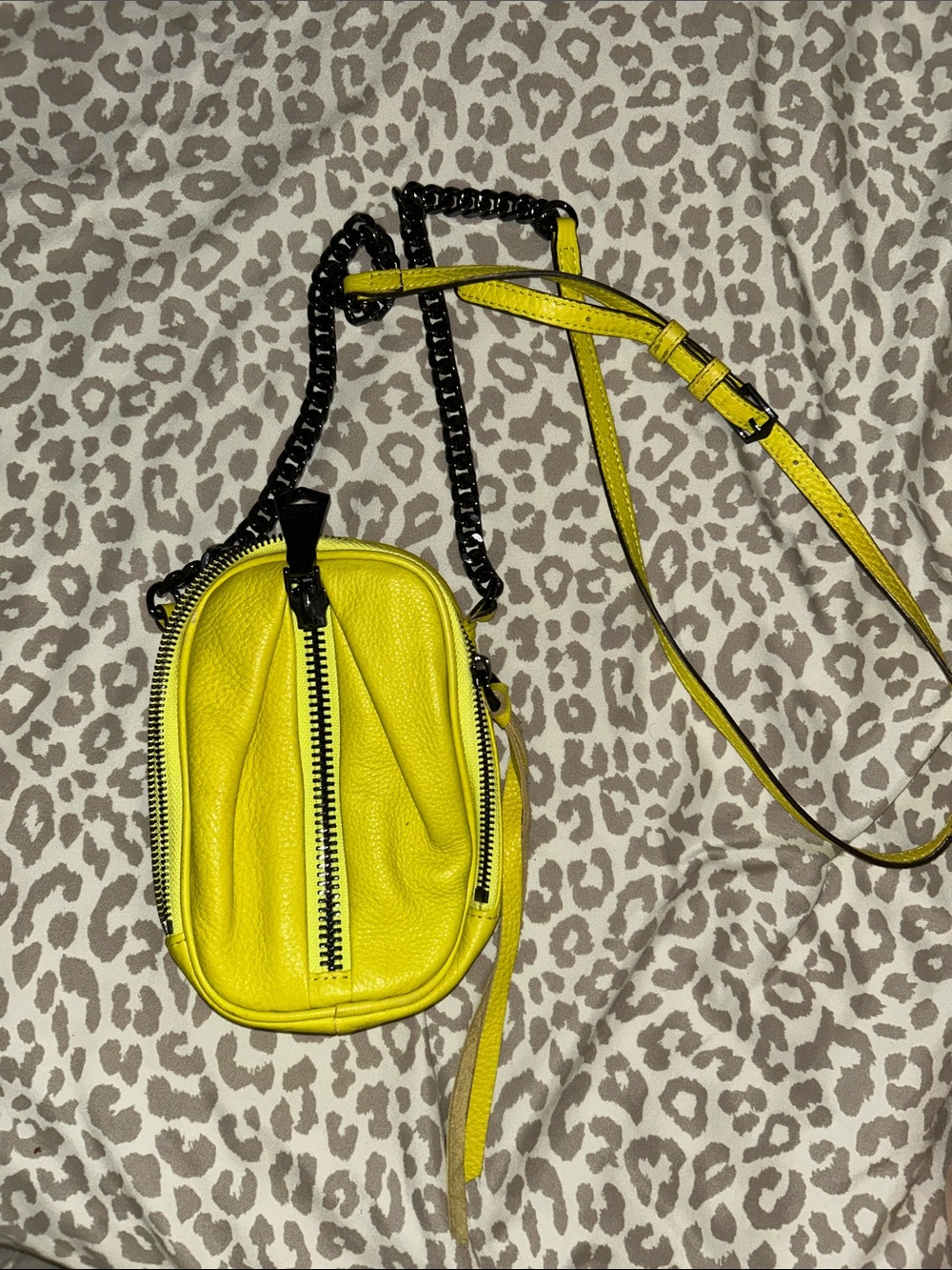 Neon Yellow Leather Crossbody Bag with Chain Strap